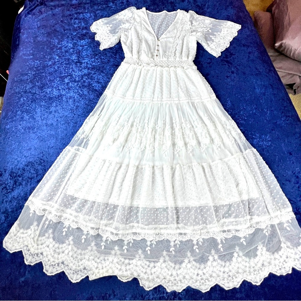 Long, White, Lace Dress with abalone shell buttons, adult X large.